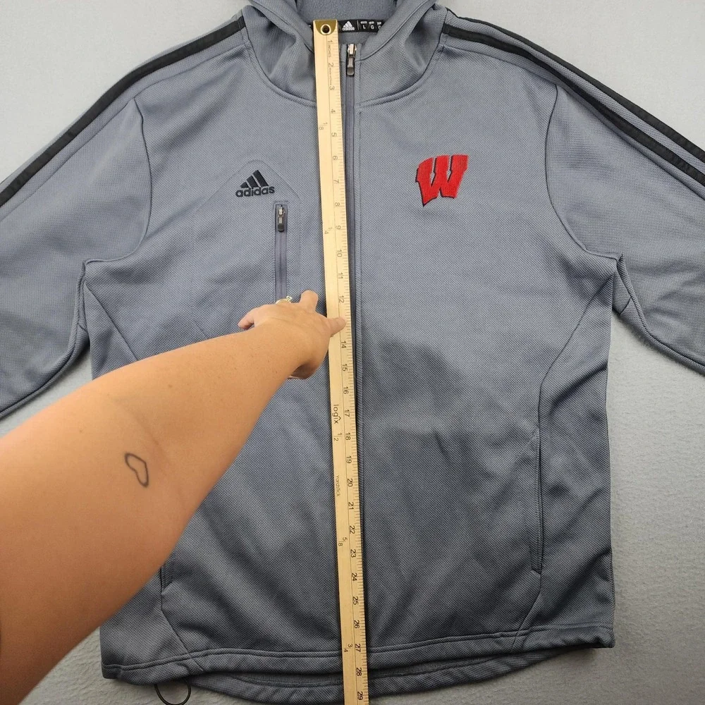 Wisconsin Badgers Jacket Mens Large Gray NCAA Adidas ClimaWarm Fleece Hooded